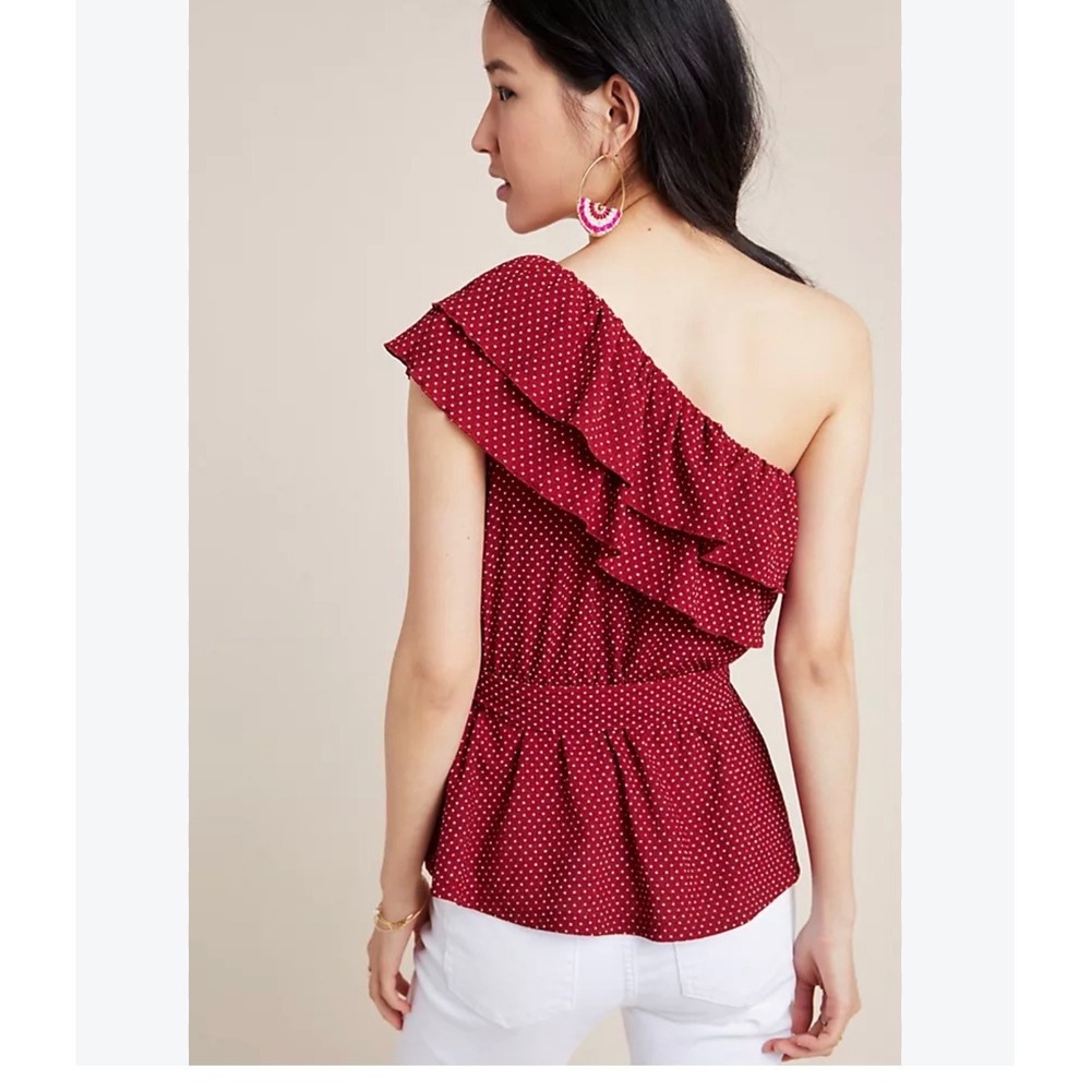 Anthropologie Maeve Rita Ruffled One Shoulder Top Polka Dot Peplum M Coquette